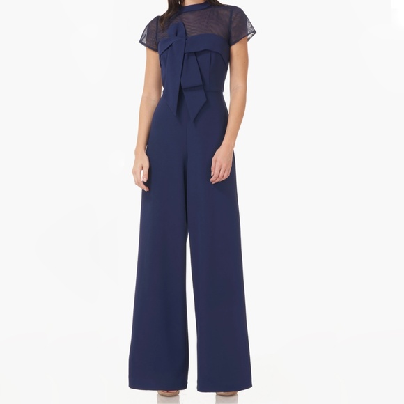 JS Collections Pants - JS Collections - Stretch Crepe Illusion Neck Bow Jumpsuit